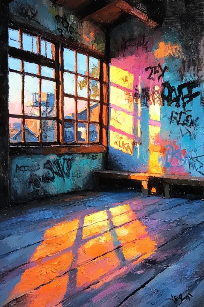 A vibrant oil painting depicts a sunlit corner of a graffiti-covered room.  Warm sunset hues stream through a large window, casting strong shadows across the worn wooden floor. The walls are textured with layers of paint and vibrant tags, contrasting with the serene light. A simple bench sits in the corner, adding to the scene's quiet atmosphere.  The artist uses thick impasto brushstrokes to create a sense of depth and texture.