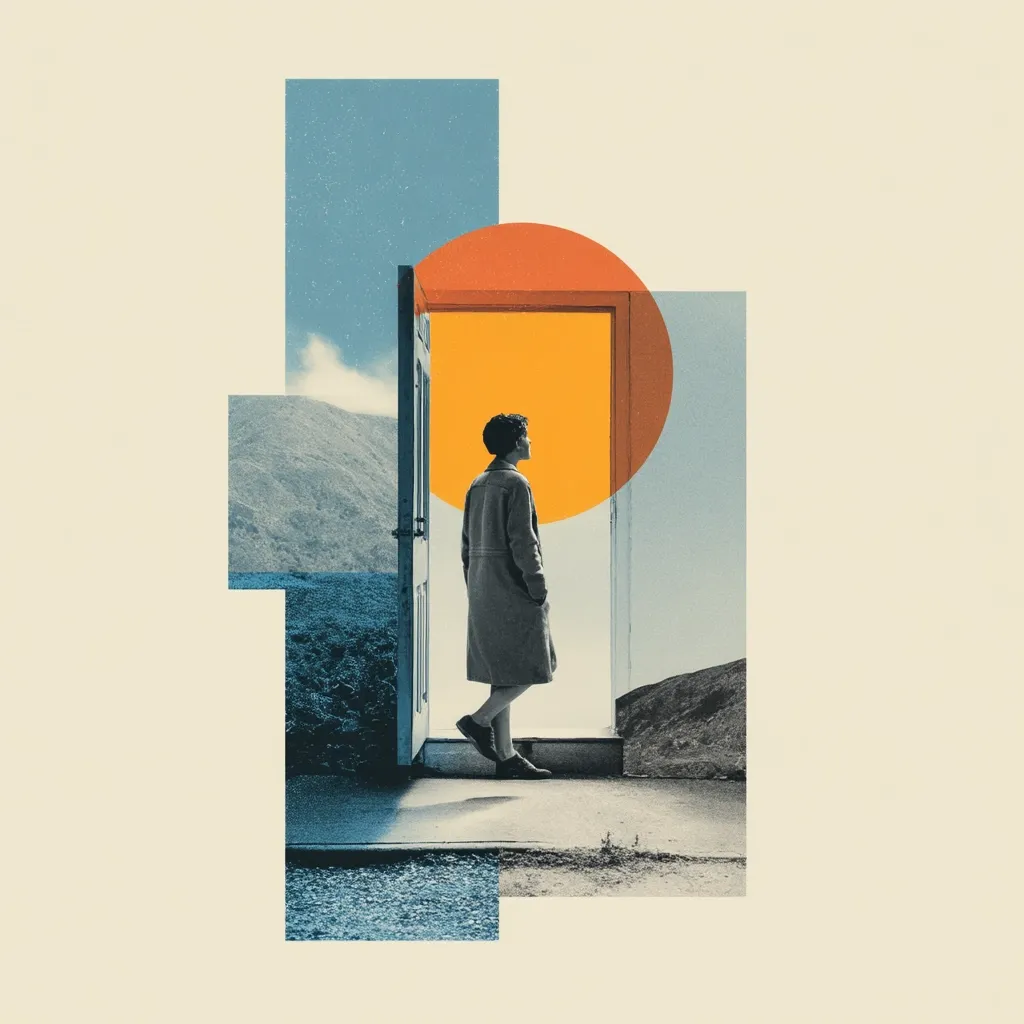 A stylized collage depicts a person standing in an open doorway, gazing towards a vibrant yellow sun.  The figure, dressed in a long coat, is silhouetted against a bright background.  Geometric shapes and muted landscape elements create a surreal, contemplative mood.  The overall image suggests themes of new beginnings, opportunity, and contemplation of the future.