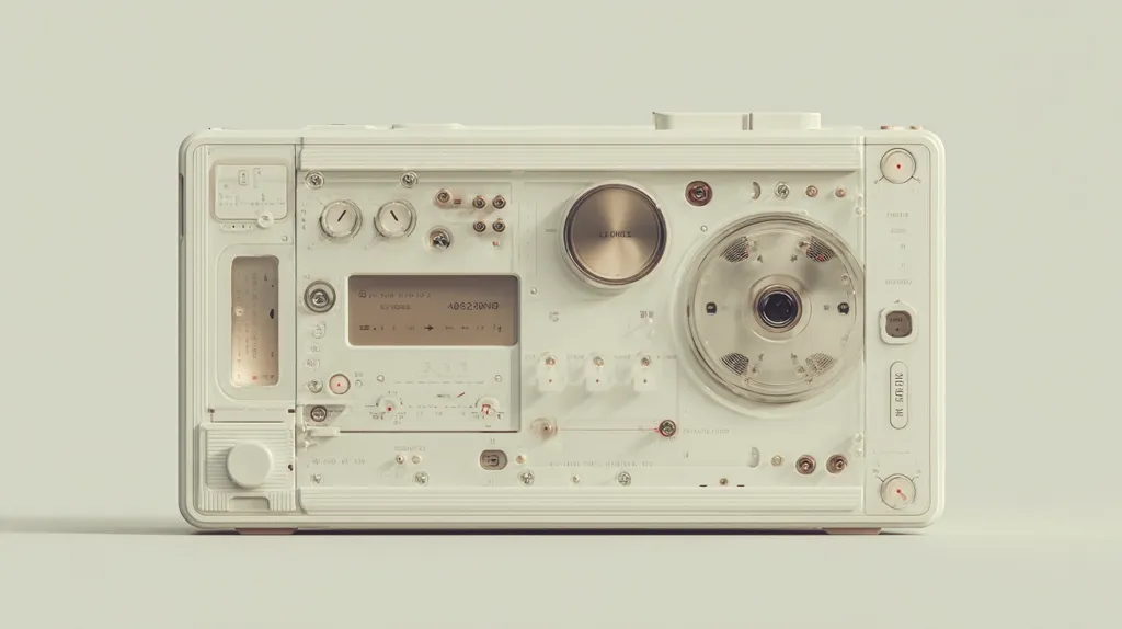A vintage-style off-white device resembling a sophisticated radio or recording machine.  Its front panel displays numerous dials, knobs, and gauges, suggesting complex functionalities.  A central circular element hints at a reel-to-reel mechanism. The overall aesthetic is clean, minimalist, and retro-futuristic.  The device exudes a sense of technological precision and bygone era elegance.