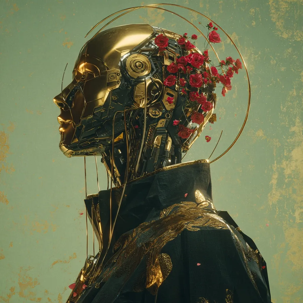 A profile view of a golden robotic figure, adorned with red roses blooming from its head.  The robot is clad in a dark garment with gold accents, resembling a traditional robe.  A halo-like circlet surrounds its head, enhancing the ethereal quality of the image.  The background is a muted green, providing a serene contrast to the intricate metallic details and vibrant flowers.