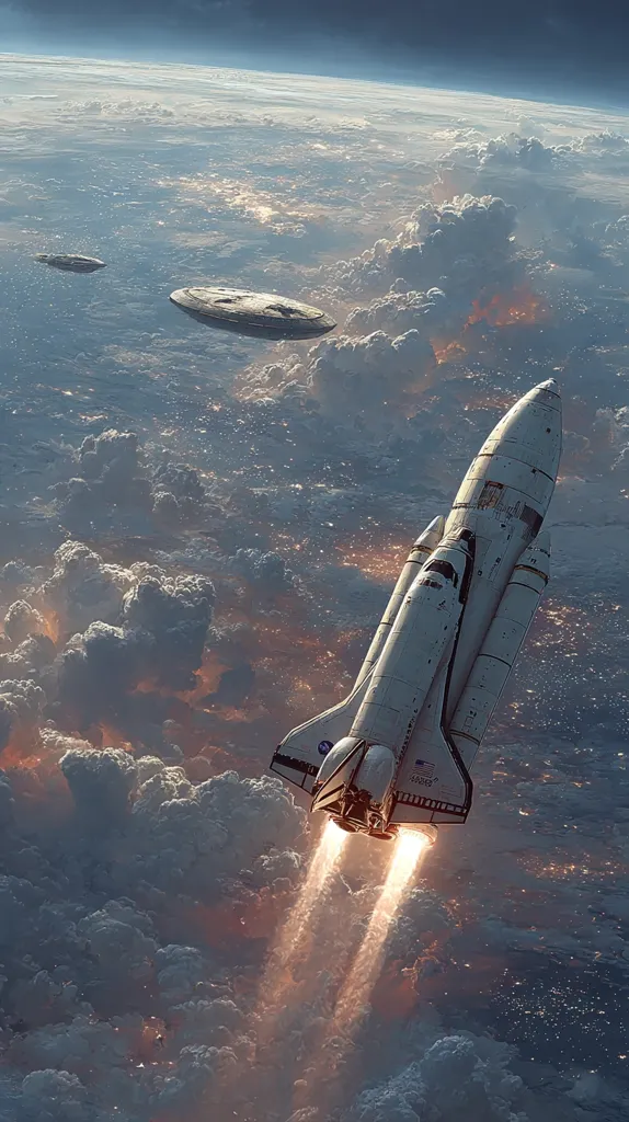 A space shuttle ascends through a cloudy atmosphere, leaving a fiery trail.  Two unidentified flying objects are visible in the distance above a partially visible Earth. The scene is dramatic and evokes a sense of wonder and adventure, perhaps suggesting a space race or encounter with extraterrestrial life.  The clouds are luminous with the light of sunrise or sunset.