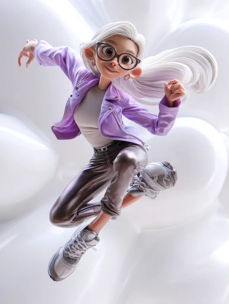 A digitally rendered image showcases a dynamic, cartoonish female figure mid-leap.  She sports a lavender jacket, metallic pants, and chunky sneakers, her long white hair flowing behind her.  Large-framed glasses and a confident pose complete the look, set against a softly lit, textured white background. The overall style is playful and energetic.