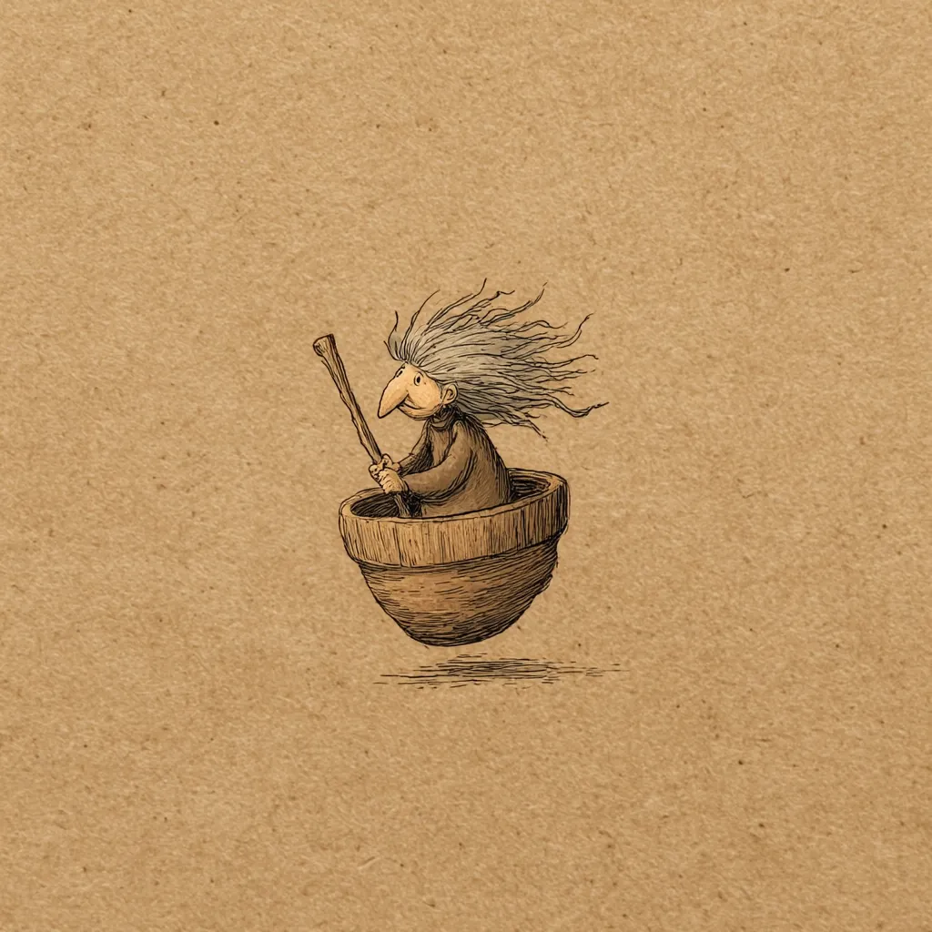 An illustration depicts a whimsical, elderly woman with long, flowing gray hair.  She sits within a large, wooden bowl, propelling it forward with a stick. The style is reminiscent of a children's book illustration, with simple lines and a muted color palette. The background is a textured, light brown paper. The overall feeling is one of whimsical fantasy and gentle adventure.
