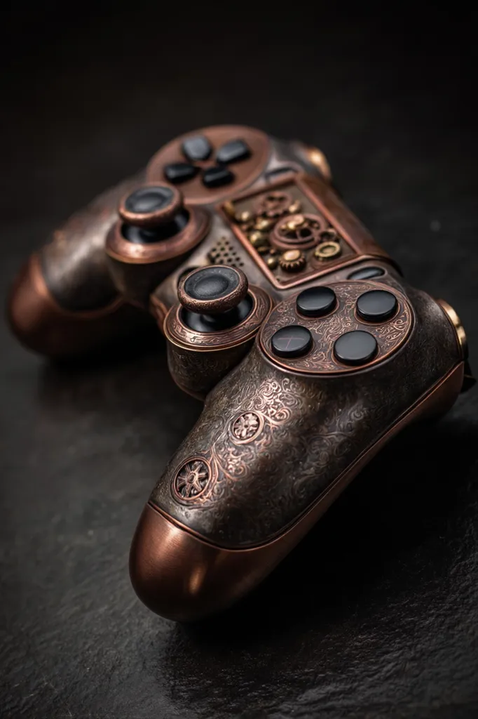 A meticulously crafted steampunk-style PlayStation controller.  The dark bronze and copper finish is accented with intricate etched detailing and miniature gears on the central panel.  The controller's design evokes a sense of Victorian-era engineering, blending gaming technology with a vintage aesthetic.  The dark background highlights the controller's ornate details.