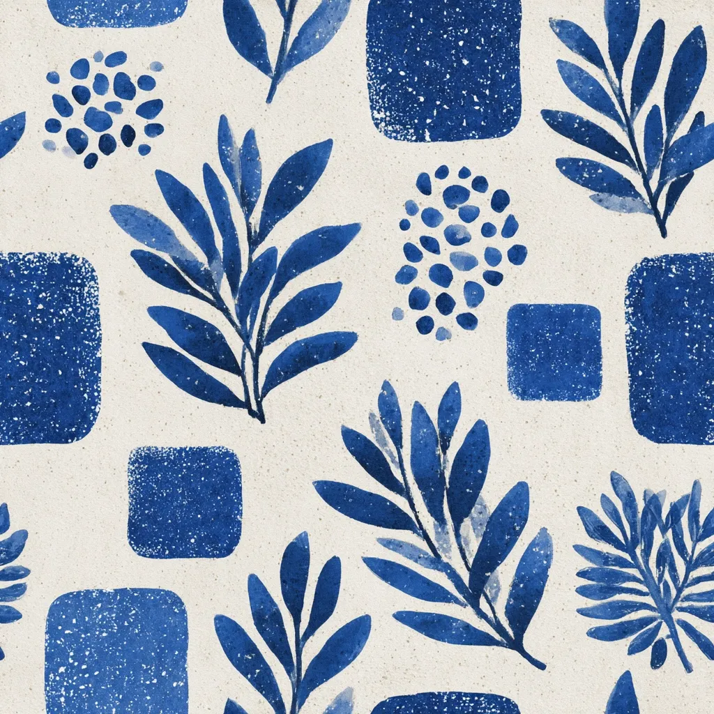 A seamless pattern featuring stylized blue watercolor leaves and geometric shapes on a cream background.  The design incorporates various leaf motifs, speckled clusters, and textured square elements, creating a balanced and visually appealing textile or wallpaper design. The overall aesthetic is reminiscent of hand-painted artwork with a slightly rustic feel.