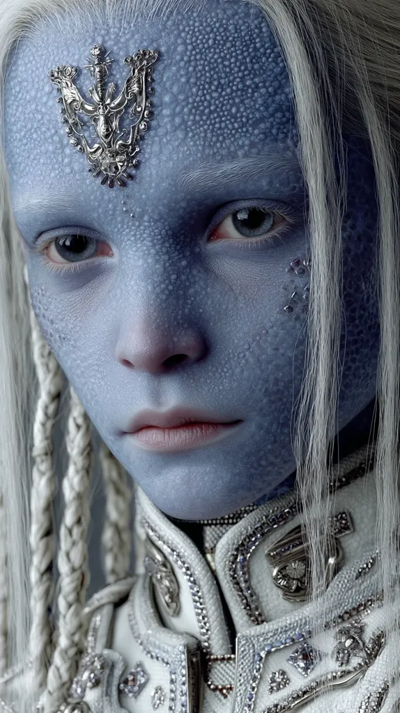 Close-up of a stylized female figure with blue skin and long white hair.  She wears an ornate silver headpiece and a white, embellished jacket with silver detailing. Her skin texture is bumpy, and her expression is serious. The image evokes a fantasy or science fiction aesthetic, suggesting an otherworldly being.