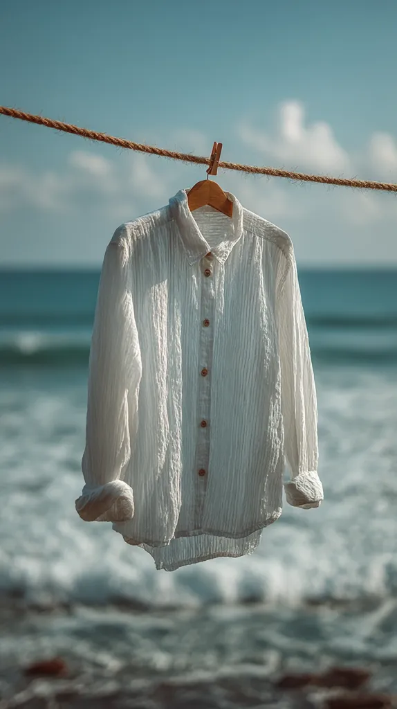 A crisp white linen shirt hangs from a clothesline against a blurred backdrop of a tranquil ocean scene. The shirt, with its textured fabric and wooden buttons, is gently swaying in the breeze. The simple composition emphasizes the serenity of the coastal setting and the fresh, clean feel of the garment.  The natural light enhances the texture and color of the shirt.