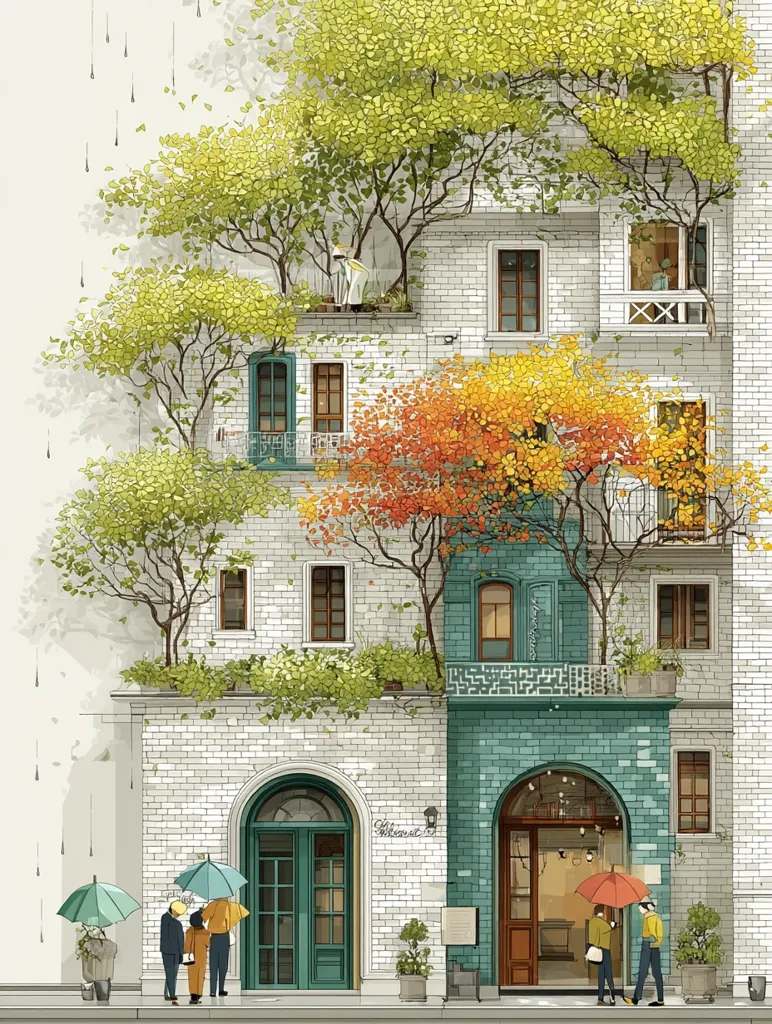 A charming illustration depicts a multi-story brick building adorned with lush greenery and vibrant autumn trees growing from its rooftop and balconies.  People with umbrellas shelter under the gentle rain, creating a cozy atmosphere.  The building's teal-tiled lower section houses a shop with an arched entrance, adding to its unique charm. The overall style is whimsical and detailed, evoking a sense of tranquility.