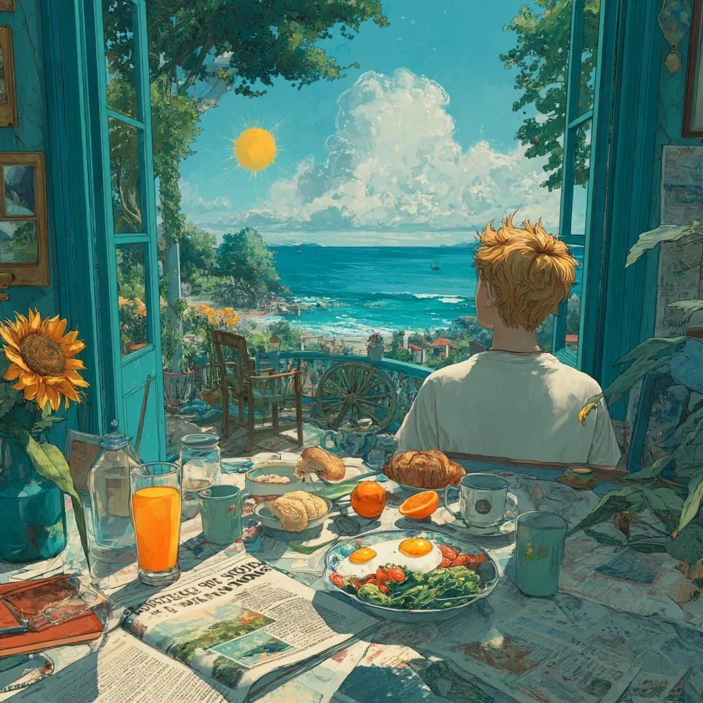 A young person enjoys a sunny breakfast on a patio overlooking a vibrant coastal town.  The scene is painted in a dreamy, idyllic style, with bright colors and a tranquil atmosphere.  The table is laden with food, including eggs, croissants, and fruit, while a newspaper lies open nearby.  The ocean stretches out beyond, sparkling under a clear sky.  The overall impression is one of peaceful contentment and seaside charm.
