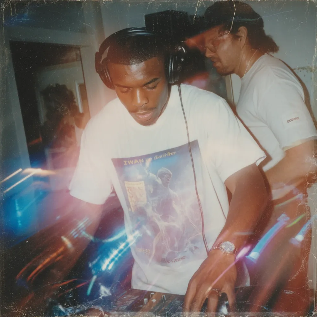 A young man wearing a white t-shirt with a graphic design is shown DJing.  He wears headphones and a watch.  Another man, wearing a white t-shirt and a baseball cap, stands behind him, possibly observing. The image is grainy, suggestive of an older photograph, with light streaks adding to the atmosphere. The setting appears to be a dimly lit indoor space.
