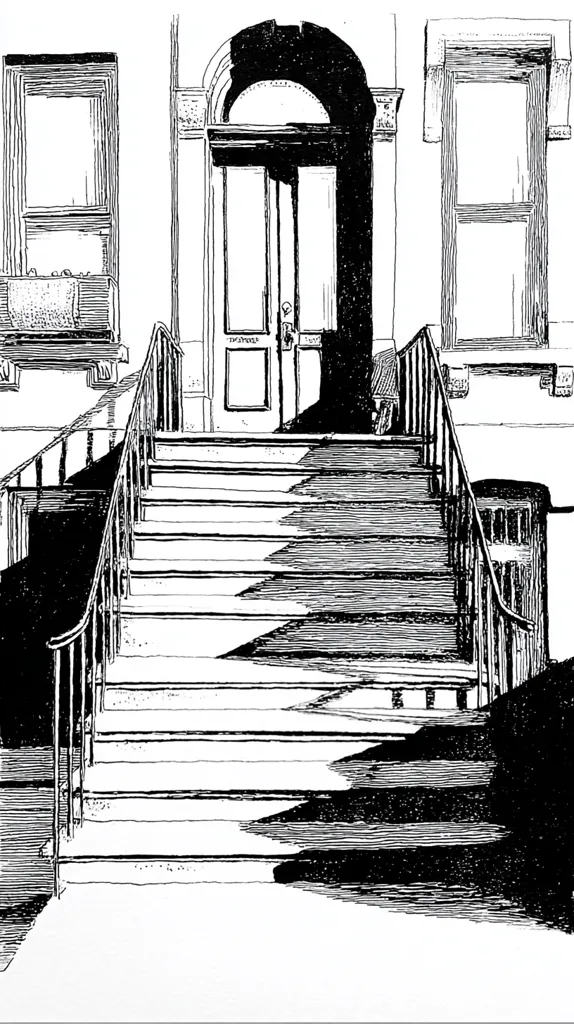 A black and white ink drawing depicts a set of stairs leading to a doorway.  The stairs are detailed with shading to show depth and the play of light and shadow. The building's facade includes windows and architectural detailing above the entrance.  The style suggests a city building, possibly brownstone, with a classic design. The strong contrast emphasizes the architectural lines and the dramatic shadows.