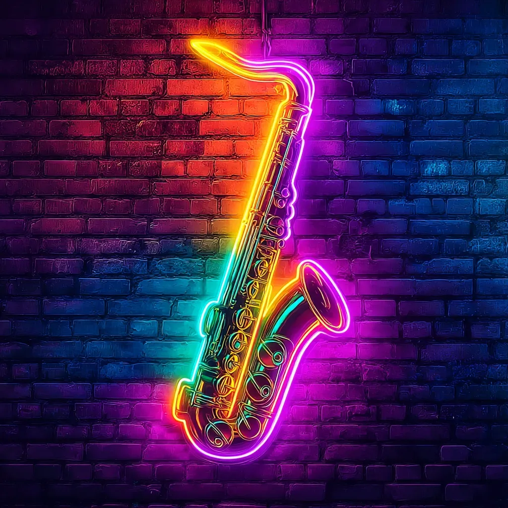 A vibrant neon saxophone glows against a dark brick wall.  The multicolored lights, ranging from yellow to teal and purple, outline the instrument's shape with striking detail.  The backdrop of dark bricks creates a moody, atmospheric contrast, highlighting the bright, energetic saxophone in a visually captivating display. The image evokes a sense of jazz music and nightlife.