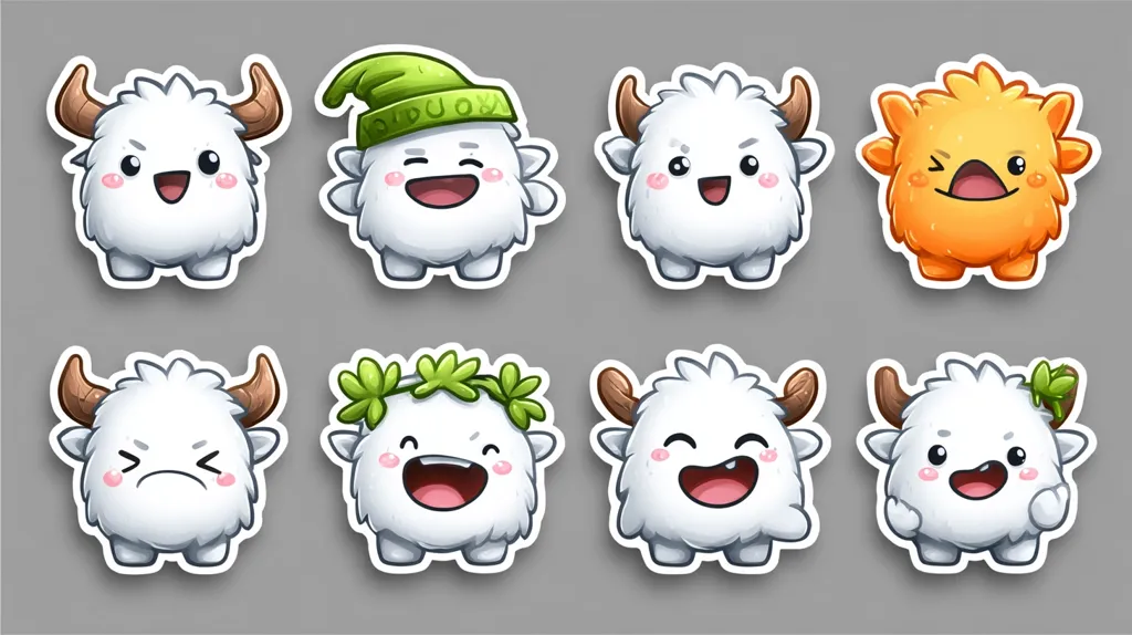 Eight adorable cartoon monster stickers are displayed.  Most are fluffy white creatures with small horns, showcasing various happy and slightly grumpy expressions. One wears a green hat, another a leafy crown, and a single orange monster is also included, winking mischievously.  All are designed with a cute, chibi-style aesthetic, and feature a white border giving a sticker-like appearance.