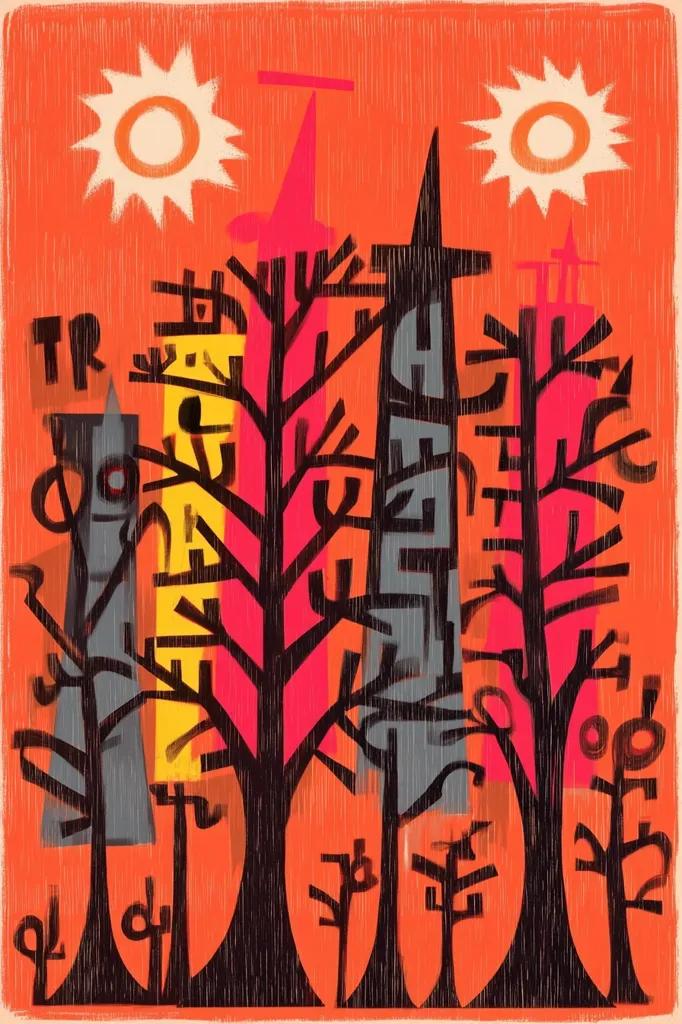 A stylized cityscape is depicted against a vibrant orange backdrop, punctuated by two radiant suns.  Black, stylized trees dominate the foreground, their branches starkly contrasting against the buildings. The buildings themselves are rendered in bold geometric shapes with blocks of  pink, yellow, and gray.  The overall style is reminiscent of mid-century modern art, with a playful and slightly whimsical feel.  The letters "TR" appear subtly in the upper left corner.