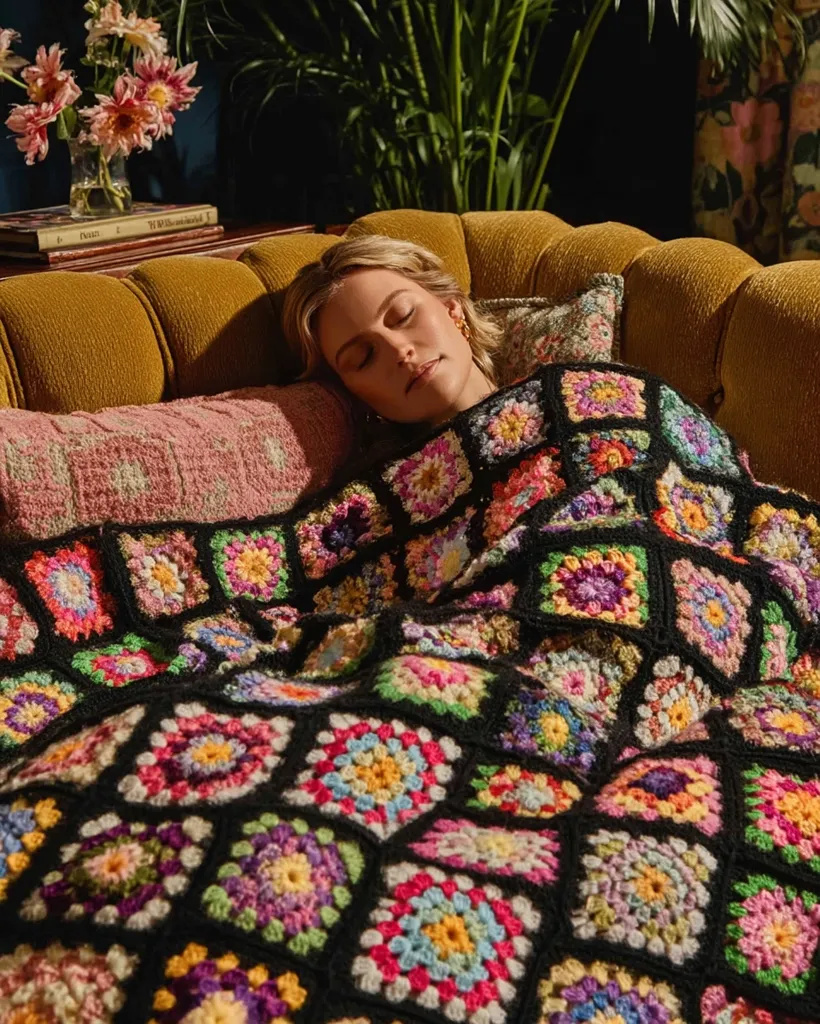 A young woman sleeps soundly on a mustard-yellow couch, enveloped in a vibrant, multicolored granny square crochet blanket.  The blanket's cheerful, patchwork design contrasts with the rich, dark tones of the room.  A vase of pink flowers sits on a side table nearby, adding to the cozy, bohemian atmosphere.  The scene is peaceful and serene.