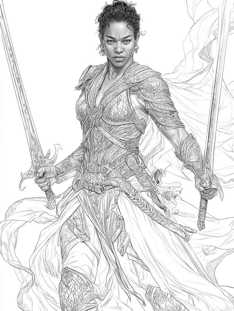 A detailed pencil sketch depicts a powerful female warrior.  She is clad in intricately detailed armor and flowing robes, wielding two swords. Her expression is serious and determined, her gaze piercing.  The artist uses fine lines to create texture and depth, showcasing the warrior's strength and grace. The dynamic pose and flowing fabric suggest movement and action. The overall style is reminiscent of fantasy art.