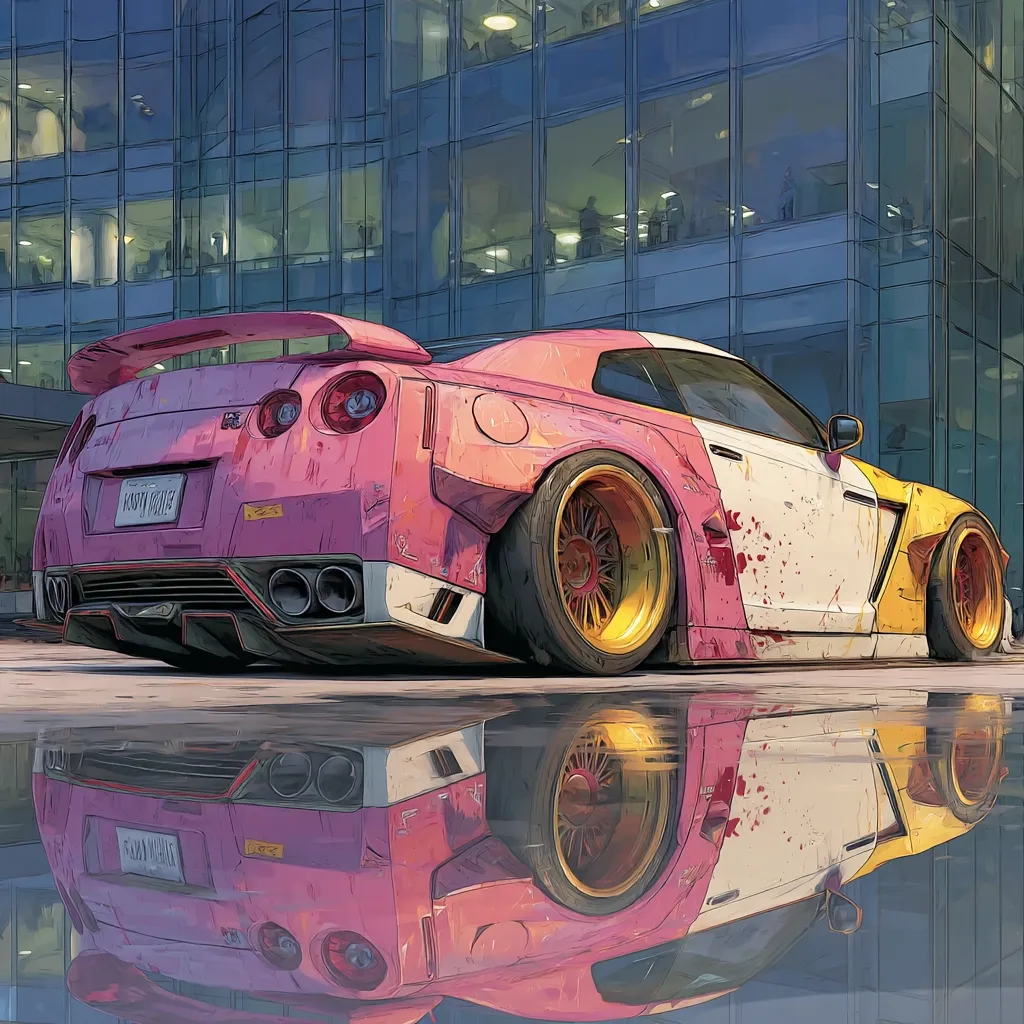 A pink and white customized Nissan GT-R sports car is parked in front of a modern glass building.  The car features exaggerated wheel arches, gold rims, and a weathered paint job with splatters, giving it a unique, almost battle-worn aesthetic. Its reflection is visible in a puddle on the ground, mirroring the car's distinctive style. The overall scene is a blend of urban setting and stylized car art.
