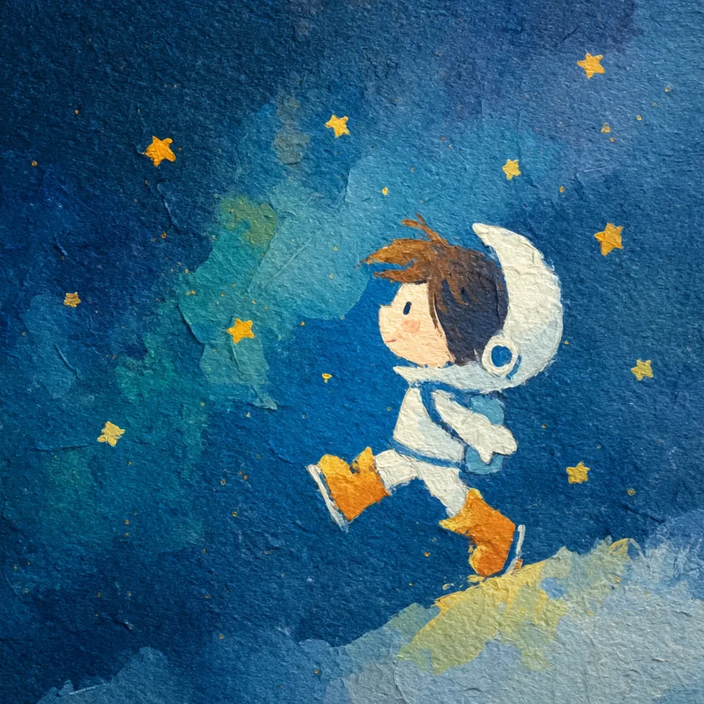 A whimsical watercolor painting depicts a child astronaut walking on a moon-like surface.  The astronaut, wearing a white spacesuit with orange boots, strides across a textured, blue background speckled with gold stars.  The style is childlike and charming, suggesting a sense of wonder and adventure in space. The texture of the painting adds to the dreamlike atmosphere.
