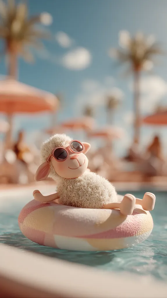 A fluffy lamb wearing pink sunglasses relaxes on a pastel-colored inflatable ring in a pool.  The background is softly blurred, showing palm trees and beach umbrellas under a sunny sky. The scene is idyllic and whimsical, suggesting a carefree summer day. The lamb appears content and peaceful, enjoying its time in the water.