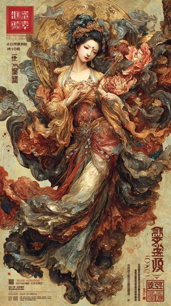 A stunning illustration of a woman in ornate, flowing robes, reminiscent of classical Chinese art.  She holds a long, slender instrument and is surrounded by stylized lotus blossoms. The overall style is richly detailed and painterly, with swirling textures and warm, earthy tones dominating the palette.  The image evokes a sense of elegance, grace, and perhaps a touch of ethereal mystery.