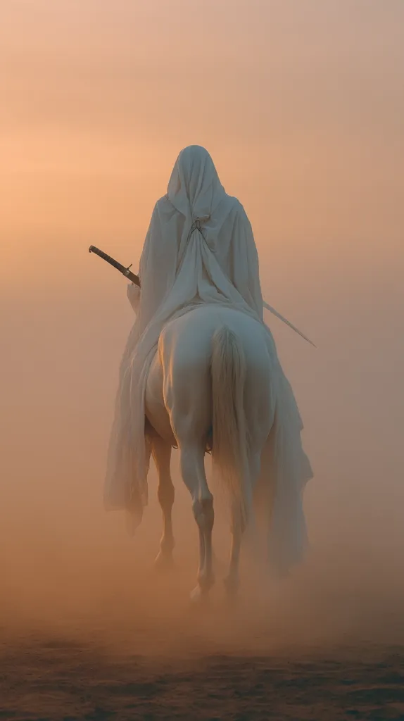 A lone figure, cloaked in white, rides a white horse across a dusty landscape.  The setting sun casts a warm glow on the scene, creating a hazy atmosphere.  The rider's back is to the viewer, and a long sword is carried across their shoulders.  The overall impression is one of mystery and serenity.