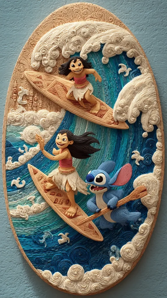 A meticulously crafted oval artwork depicts Moana and Stitch enjoying a surfing adventure.  Moana, twice depicted, rides on intricately detailed surfboards amidst swirling, textured waves rendered in shades of blue and white.  Stitch playfully paddles alongside, adding a whimsical touch to the vibrant, three-dimensional scene created with clay or a similar material.  The piece showcases impressive detail and skillful sculpting.