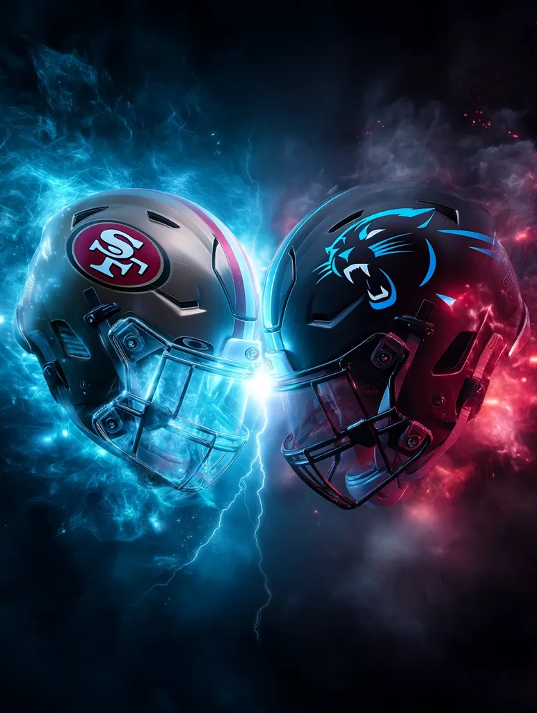 A dramatic clash between the San Francisco 49ers and Carolina Panthers is depicted.  Two football helmets, one gold with the 49ers logo, the other black with the Panthers logo, face off amidst a fierce, electrically charged energy.  Blue and red flames surge around each helmet, symbolizing the intense rivalry and impending game. The image is dark and moody, emphasizing the power and excitement of the matchup.