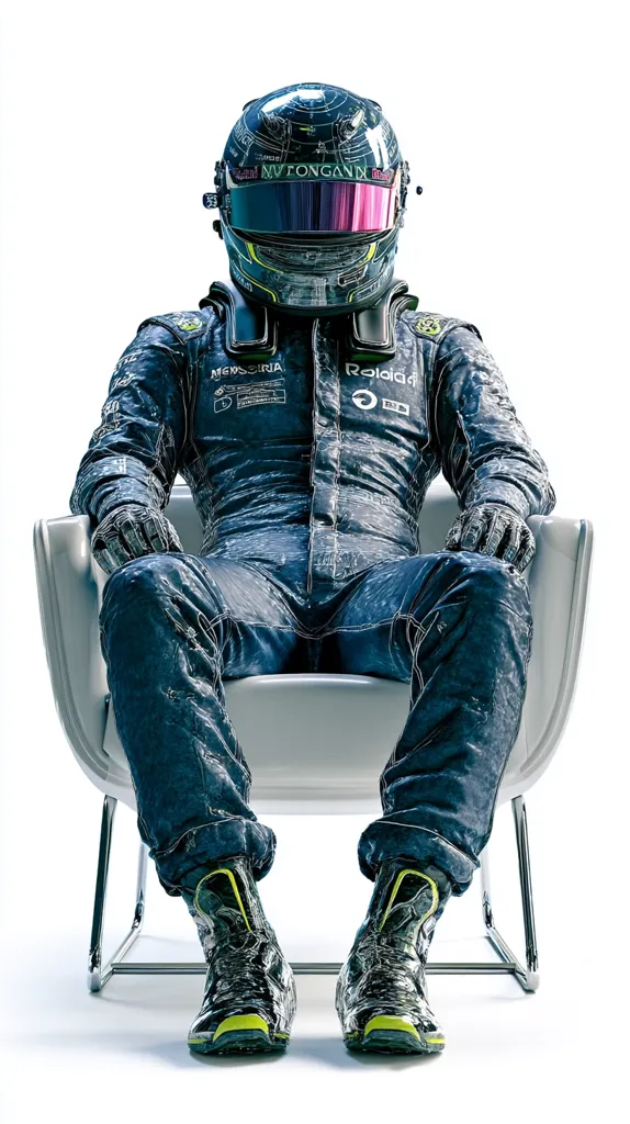A stylized image of a Formula 1 driver, clad in a blue racing suit with sponsor logos, sits in a modern white chair.  The suit appears translucent, revealing underlying lines.  The driver's helmet features the name "Nyck de Vries."  The overall aesthetic is sleek and futuristic, highlighting the driver's attire and equipment.