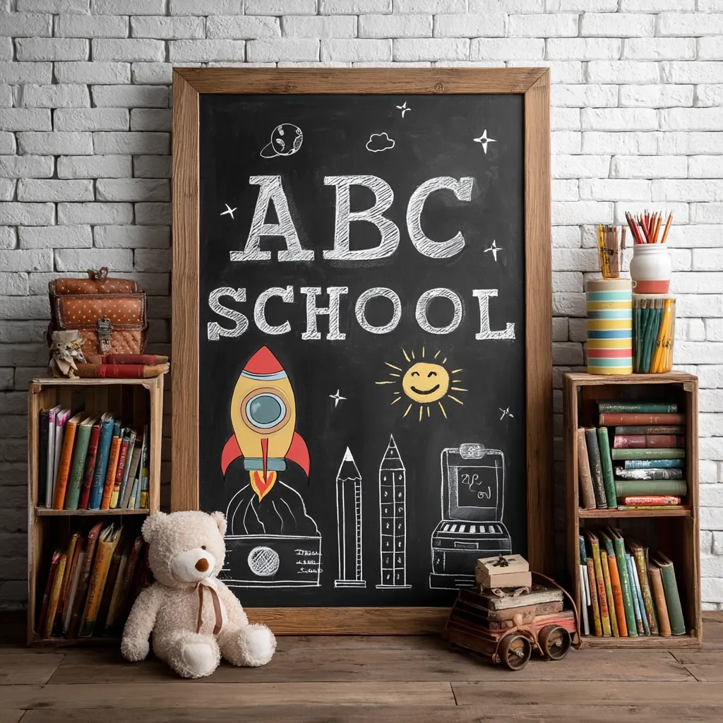 A large chalkboard displays "ABC SCHOOL" in whimsical chalk lettering, surrounded by rockets, pencils, and a smiling sun.  Two wooden bookcases flank the board, filled with children's books. A teddy bear sits in the foreground, adding a touch of childhood innocence to the back-to-school themed scene.  The backdrop is a white brick wall, creating a charming and educational atmosphere.