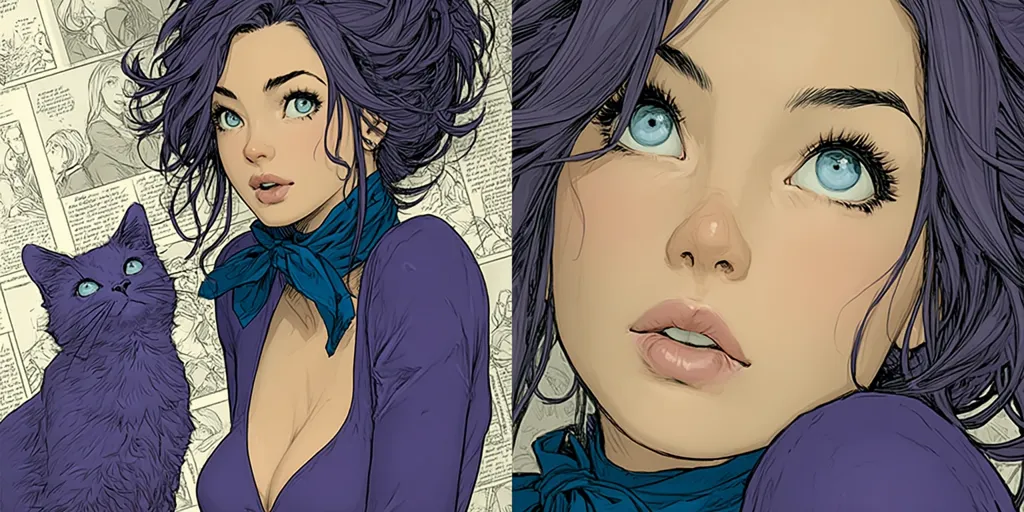 A stunning illustration showcases a young woman with vibrant purple hair, styled in an updo. She's dressed in a purple dress, adorned with a teal scarf tied around her neck.  Beside her sits a purple cat with striking blue eyes, mirroring the woman's own captivating gaze. The background features a collage of vintage comic-style panels, adding a layer of nostalgic charm. The style is reminiscent of graphic novels or comic book art.