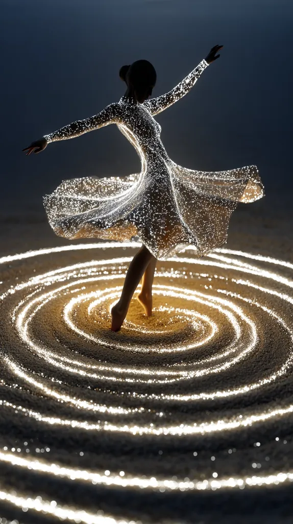 A woman in a luminous, flowing dress stands on a swirling, illuminated circular pattern. The dress seems to be made of thousands of tiny lights, mirroring the design on the ground. Her silhouette is dark against the bright fabric and the light-painted ground, creating a striking contrast. The overall scene is ethereal and artistic, suggesting movement and magic.
