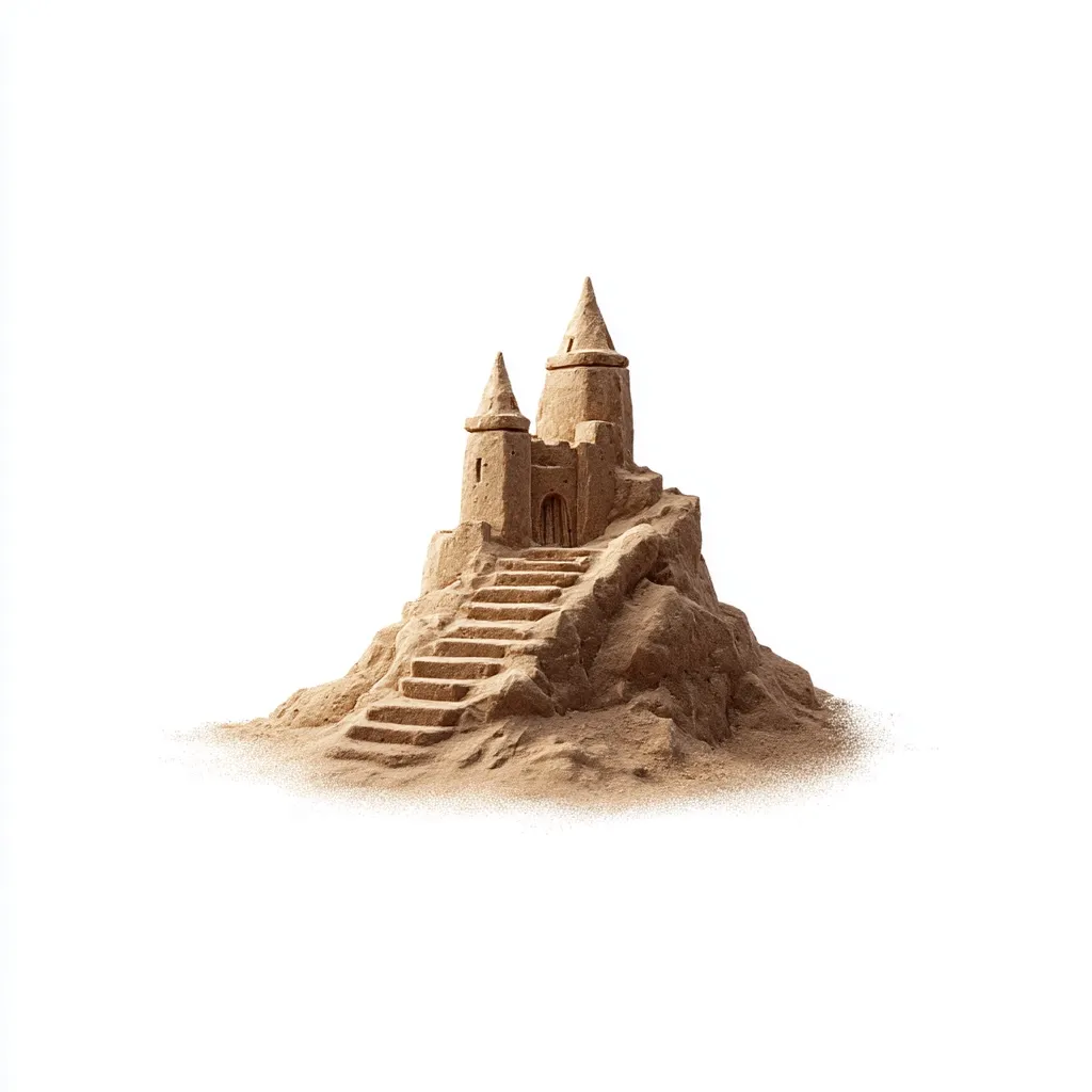 A meticulously crafted sandcastle, perched atop a miniature sand hill, stands isolated against a stark white backdrop.  The castle features two towers and a prominent staircase leading to its entrance.  The sand is a light brown, and the entire structure is sharply defined, exhibiting fine detail in its construction.  The image evokes a sense of childhood play and creativity.