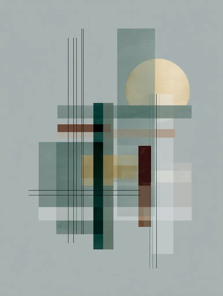 An abstract artwork featuring a muted color palette of greens, browns, and beige.  Geometric shapes, primarily rectangles and squares, overlap and intersect, creating a sense of depth and layering.  Thin black lines add structure, while a pale yellow circle suggests a sun or orb. The overall style is minimalist and modern, evoking a feeling of calm and balance.
