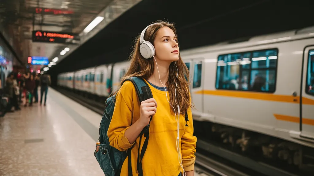 A young woman with long brown hair, wearing a yellow sweatshirt and a denim backpack, stands on a subway platform.  She's listening to music with large white headphones, gazing thoughtfully towards an arriving train.  The station is dimly lit, with blurred figures of other commuters visible in the background. The overall mood is calm and contemplative.