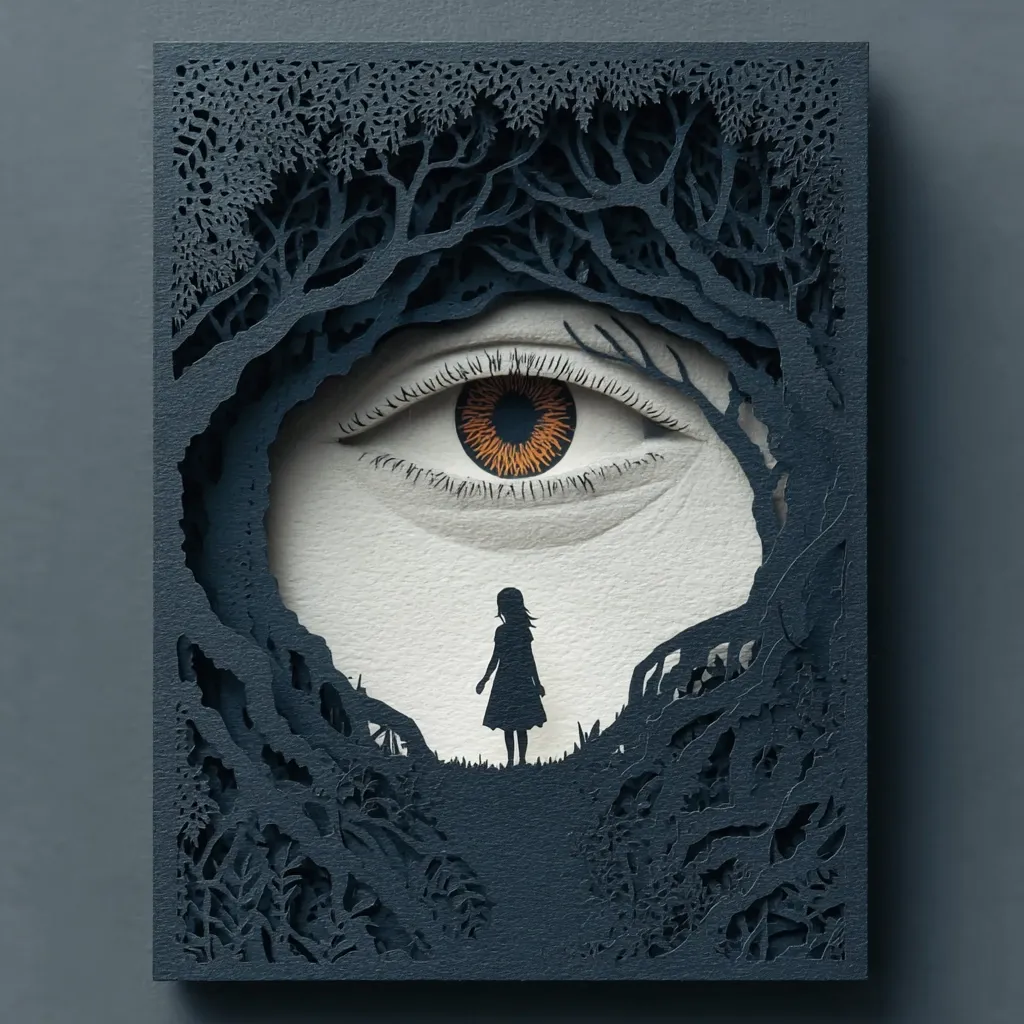 A captivating paper-cut artwork depicts a girl standing before a giant eye nestled within a dark forest. The eye, detailed with intricate iris and lashes, dominates the scene, creating a sense of observation and mystery. The dark, intricately carved forest frame contrasts with the pale skin of the eye and the small, silhouetted figure of the girl.  The overall effect is one of intrigue and subtle unease.