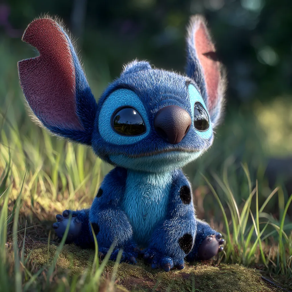 A digitally rendered Stitch, the beloved character from Lilo & Stitch, sits amidst lush green grass.  His fur is incredibly detailed, appearing soft and fluffy.  He gazes upward with large, expressive eyes, his signature blue fur and dark spots clearly visible. The lighting suggests a sunny outdoor setting, enhancing the realism of this adorable rendition.
