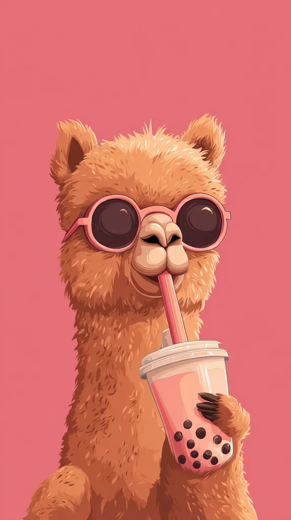 An adorable alpaca, sporting pink sunglasses, enjoys a refreshing bubble tea.  The fluffy brown alpaca holds the large cup with its paws, a pink straw inserted.  The background is a solid, soft pink, enhancing the charming illustration's cute and whimsical aesthetic. The image is a stylized cartoon, focusing on the alpaca's joyful expression.