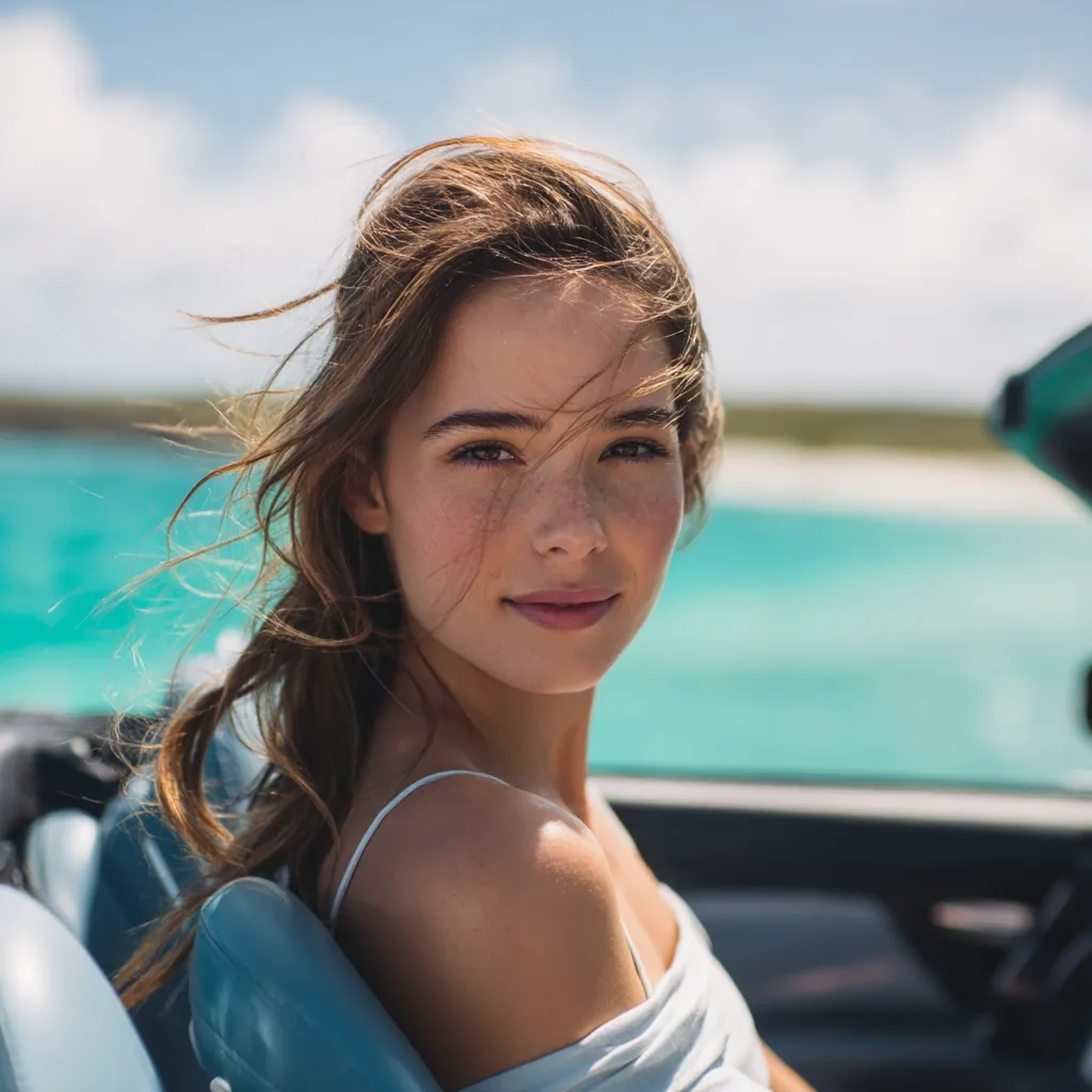 A young woman with light brown hair and freckles sits in a convertible car.  Her hair is slightly windblown, and she looks directly at the camera with a serene expression.  The turquoise water of a tropical ocean is visible in the background.  She wears a light-colored off-the-shoulder top.  The overall mood is peaceful and idyllic.