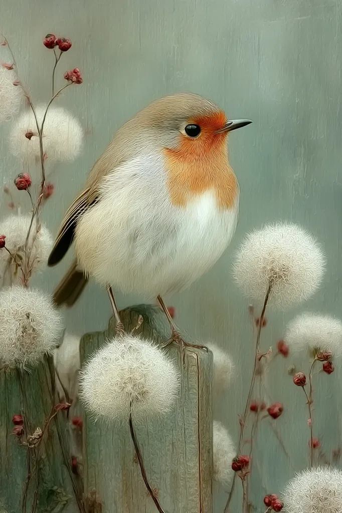 A European robin perches on a weathered wooden post amidst a soft-focus backdrop of delicate, fluffy seed heads and berry-laden stems.  The robin's orange breast and soft plumage contrast beautifully with the muted green and white tones of the background, creating a serene and artistic image. The overall style evokes a sense of gentle peace and the quiet beauty of nature.