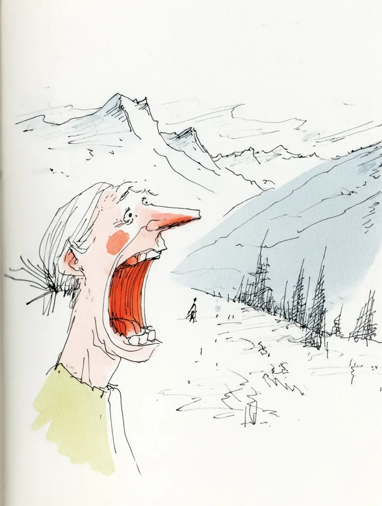 A caricature of a person with a wide-open mouth, screaming against a mountainous backdrop.  The style is expressive and slightly surreal.  The person's face is exaggerated, with a large nose and open mouth revealing teeth.  A small figure is visible in the distance, walking along a path.  The mountains are depicted with loose, sketchy lines. The overall tone suggests a feeling of alarm or distress.