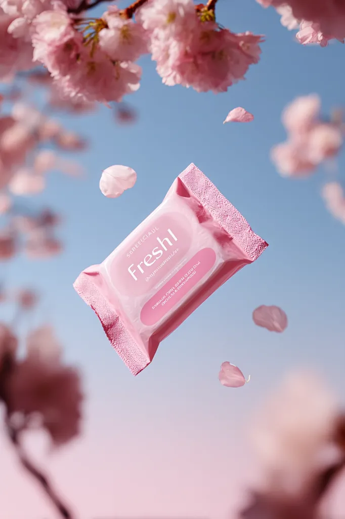 A pink packet of Sreeeclaul Fresh cleansing wipes floats against a backdrop of a blossoming cherry tree and a light blue sky.  Delicate pink petals drift down, creating a serene and aesthetically pleasing image. The packaging features the brand name prominently. The overall feel is clean, fresh, and feminine.