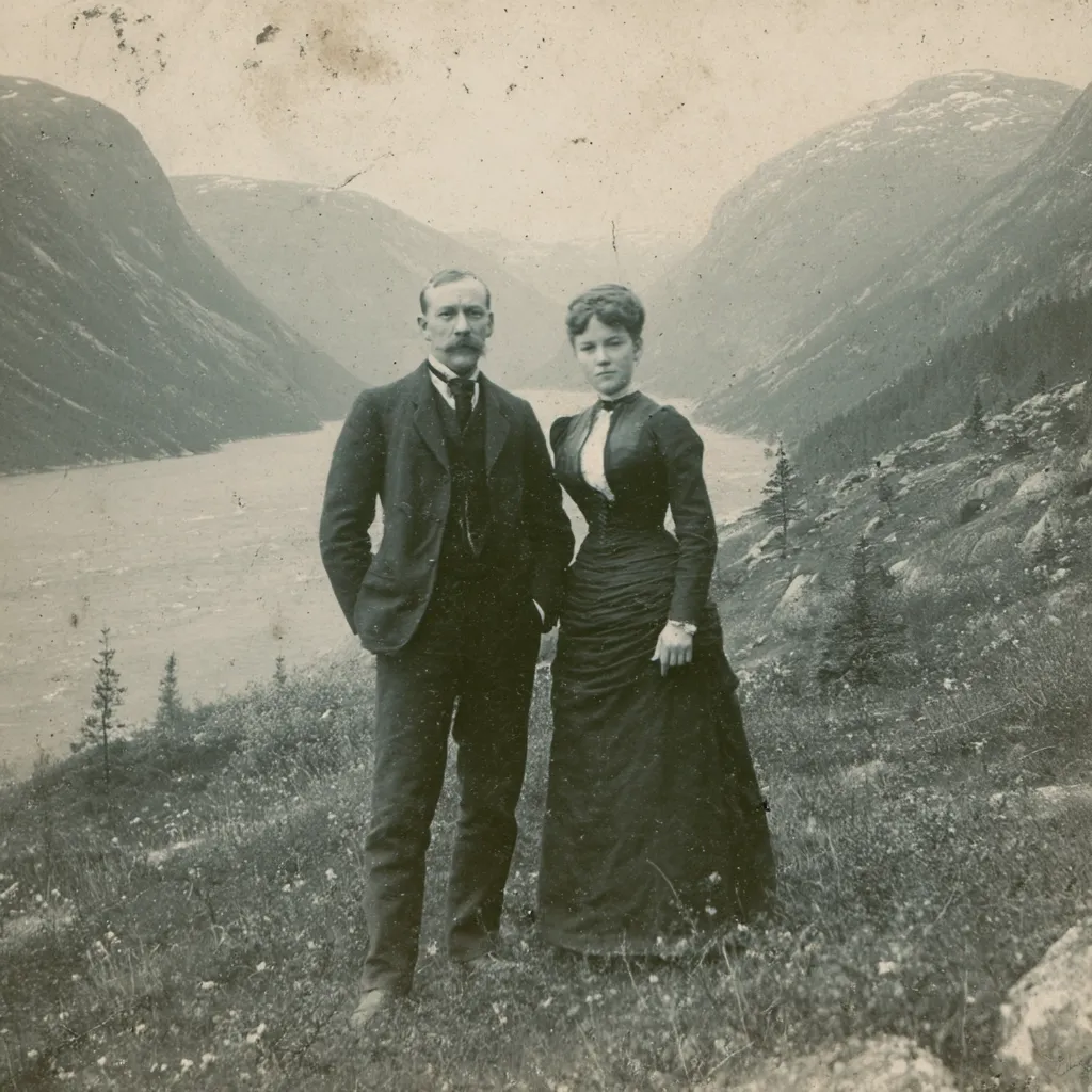 A sepia-toned photograph depicts a man and woman standing outdoors, likely in a mountainous region.  The man, in a dark suit and tie, stands slightly behind his companion.  The woman wears a dark, long dress with a fitted bodice, typical of late 19th-century fashion.  A river and dramatic mountains form a scenic backdrop. The image's age and style suggest it's a vintage portrait, possibly from the late 1800s or early 1900s.