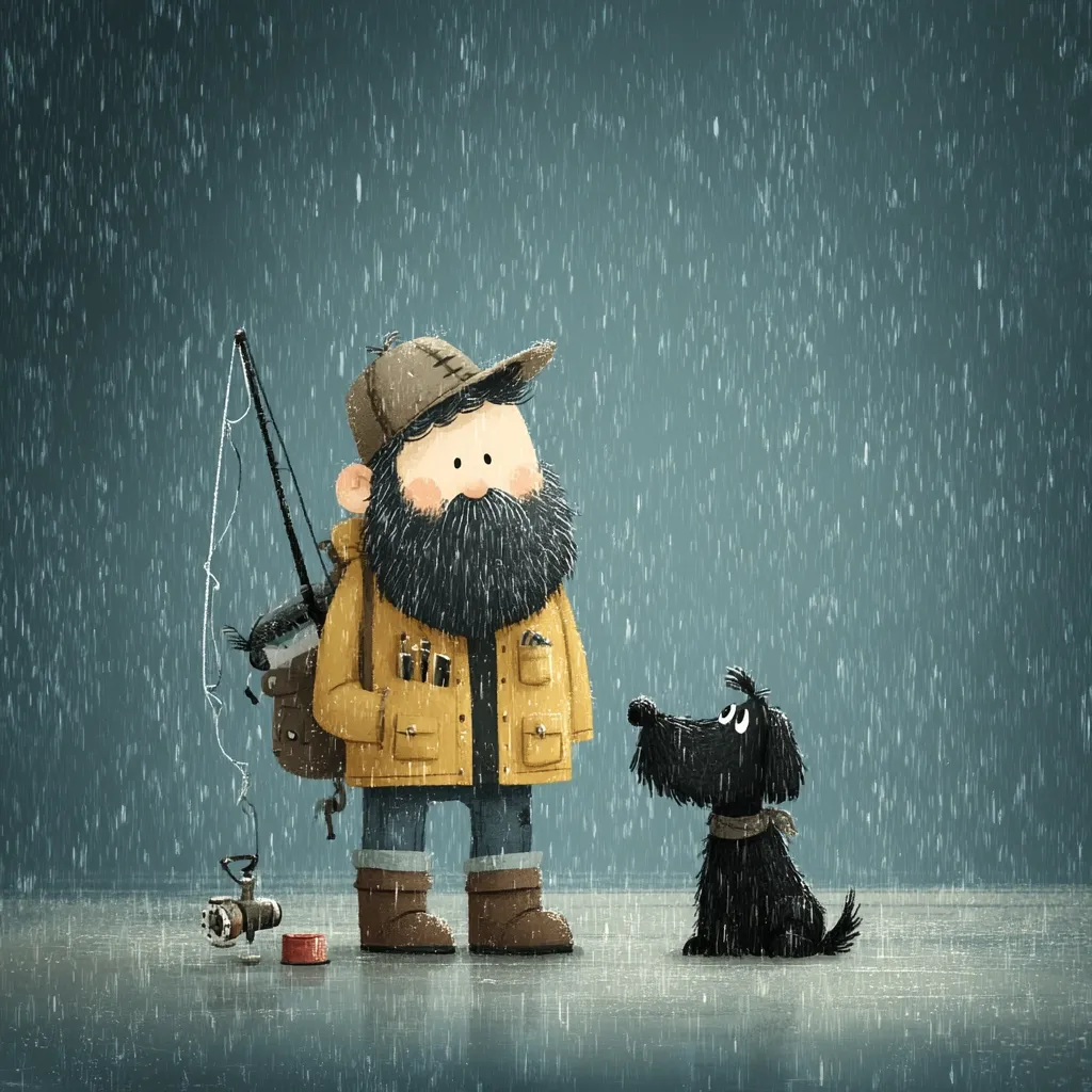 A whimsical illustration depicts a bearded man in a yellow raincoat and cap, standing in the rain with fishing gear.  Beside him sits a small black dog, looking up at the man.  The rain falls steadily, creating a moody atmosphere. The style is cartoonish and charming, with soft lines and muted colors.