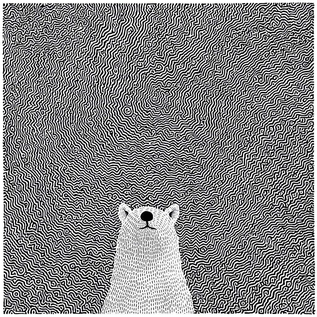 A stylized illustration features a polar bear's head and shoulders against a backdrop of intricate, swirling black and white lines. The lines create a mesmerizing concentric pattern radiating outwards, contrasting with the simple, textured depiction of the bear. The bear's expression is serene, gazing upwards. The overall effect is a captivating blend of intricate detail and minimalist form.