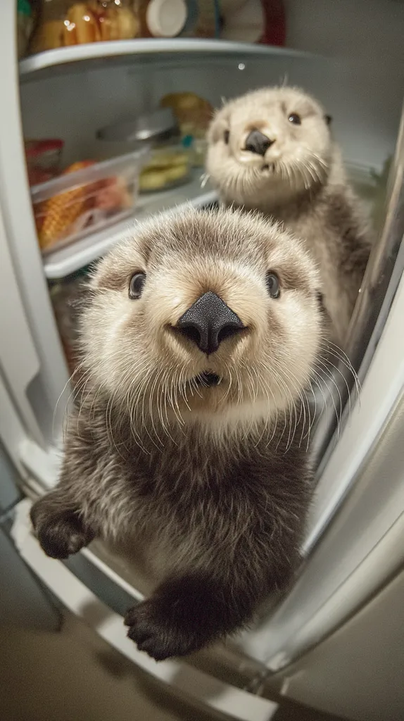 Two adorable sea otters peek into a refrigerator, their curious faces close to the camera. The foreground otter is in sharp focus, its large eyes and expressive features captivating.  The background otter is slightly blurred, partially obscured by the first.  The refrigerator's contents are visible, hinting at potential snacks.  The overall image is playful and charming.