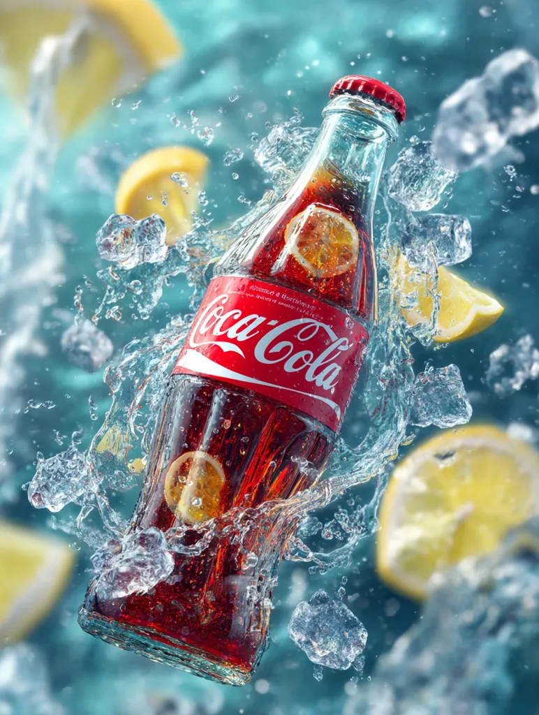 A glass bottle of Coca-Cola emerges from a splash of water and ice.  Slices of lemon are visible inside and around the bottle, suggesting a refreshing drink. The background is a teal color, further enhancing the feeling of coolness and refreshment.  The image is vibrant and dynamic, showcasing the beverage in an exciting way.