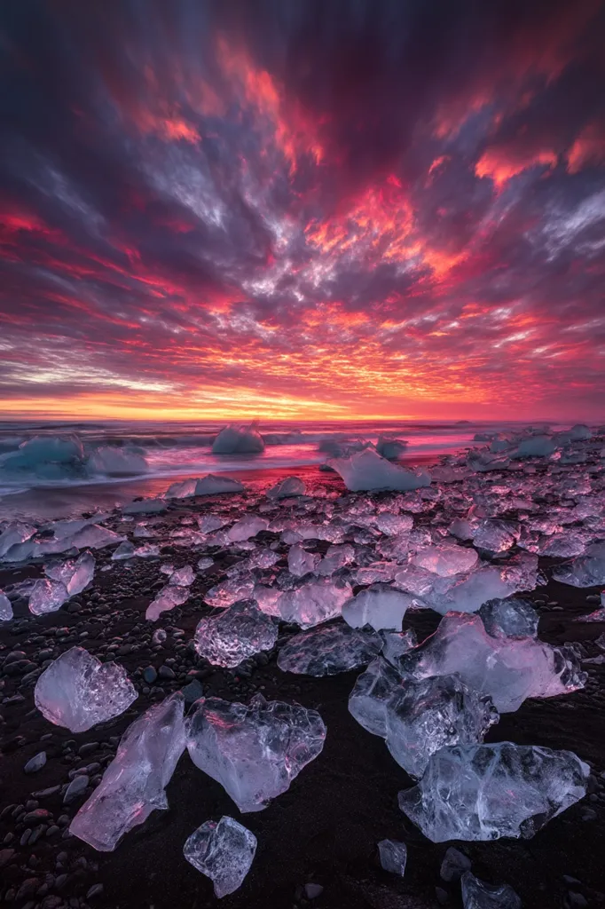 A breathtaking sunset paints the sky in vibrant hues of red and purple, casting an ethereal glow on a black sand beach strewn with glistening ice chunks.  The ice, sculpted by the ocean, reflects the fiery colors of the sky, creating a surreal and captivating scene. The dramatic clouds add depth and texture to the already stunning landscape.