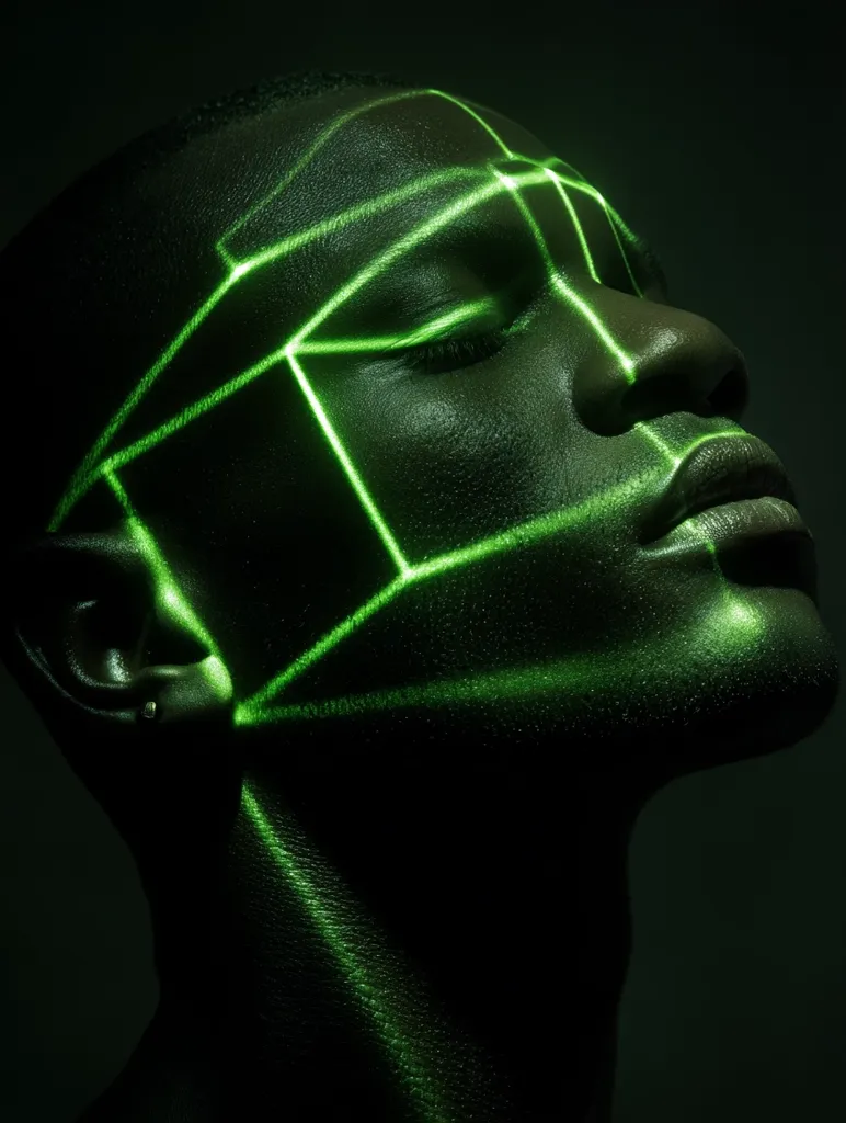 A close-up shot of a dark-skinned person's face, illuminated by a grid of bright green laser lines.  The subject's eyes are closed, and their head is tilted back slightly. The image creates a striking contrast between the dark skin and the vibrant green light, suggesting themes of technology, identity, and the future. The overall effect is both artistic and futuristic.