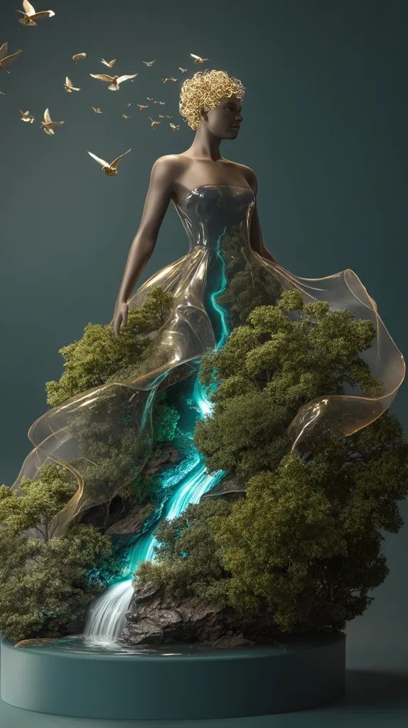 A digital artwork depicts a dark-skinned woman with curly gold hair, wearing a translucent gown.  The gown's fabric flows into a miniature waterfall and lush greenery, creating a surreal landscape.  Golden birds surround her head, adding to the ethereal and magical atmosphere. The overall aesthetic blends fashion, nature, and fantasy elements in a visually striking composition.