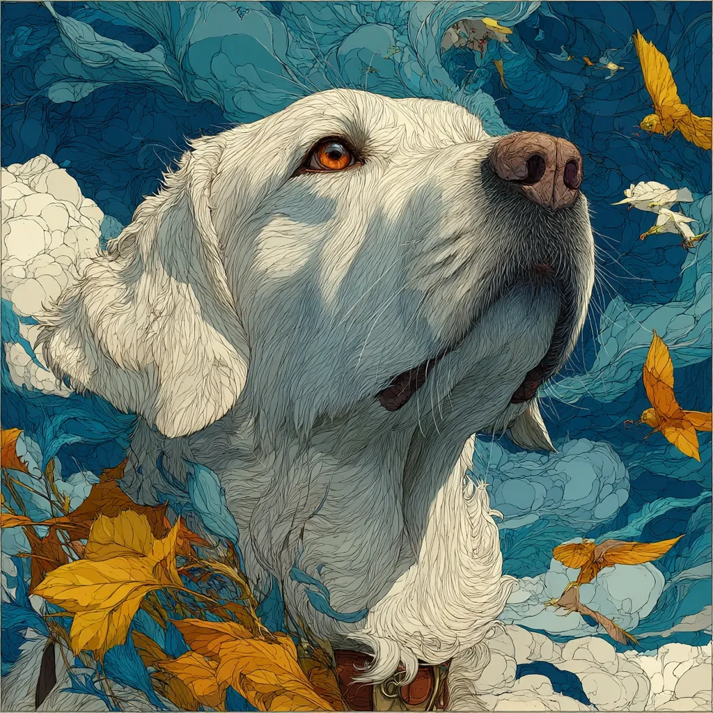 A detailed, stylized illustration showcases a white dog, possibly a Golden Retriever, gazing upward.  Its fur is rendered with meticulous linework, creating a sense of texture and depth. The background is a swirling mix of blues and teal, suggestive of clouds or water, with orange and yellow birds in flight adding a dynamic contrast.  Autumnal leaves are partially visible near the dog's neck, further enhancing the artistic composition.